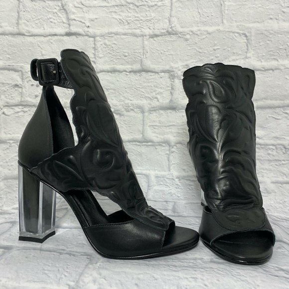 Miista Black Leather Rose Clear Black Block Heel - Picture 1 of 10